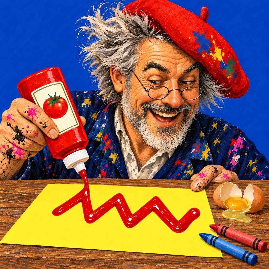 Geschilderde illustratie: Professor Oops, de schilder met een grijze baard en een rode baret, knijpt een zigzag ketchup op een geel vel, met een gebroken ei, waskrijtjes, een rode kool en een schaaltje kolkende melk.