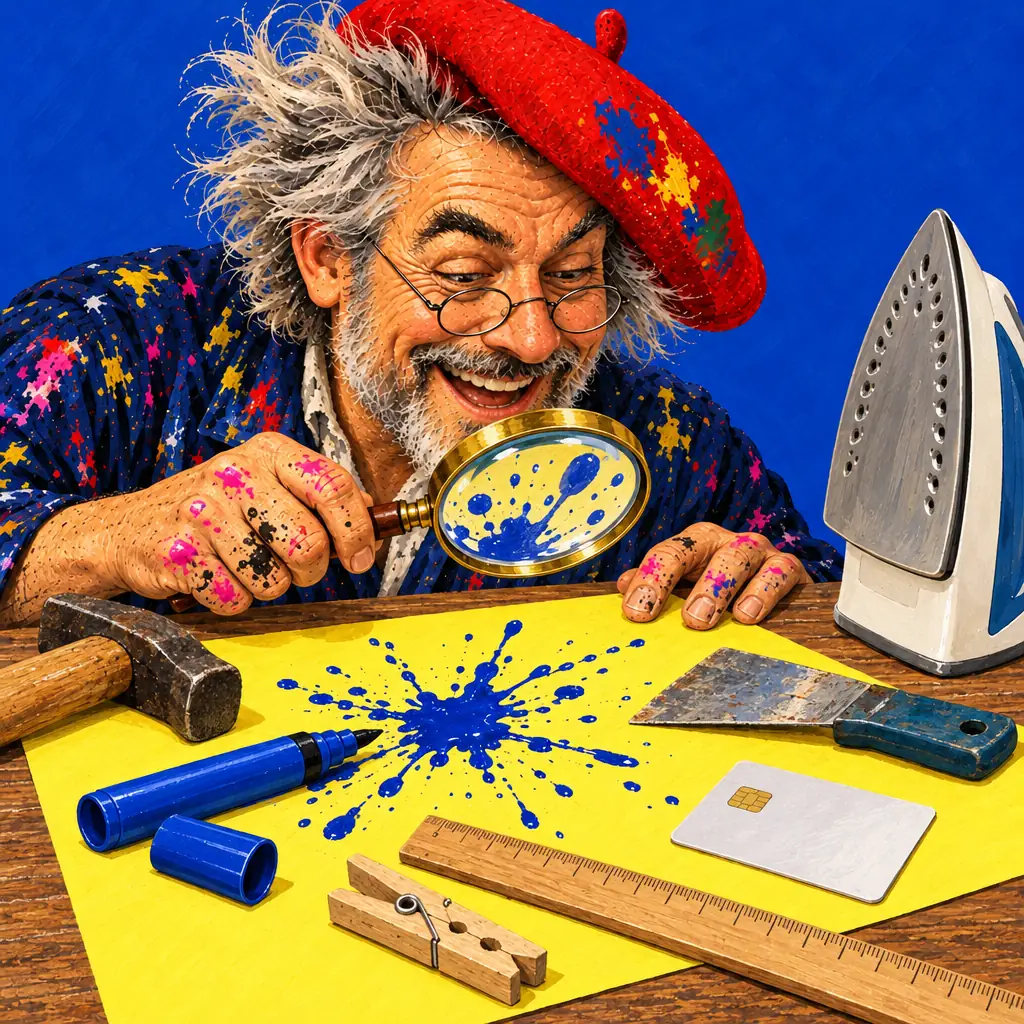 Geschilderde illustratie: de schilder bekijkt een spat blauwe inkt door een vergrootglas, met een hamer, een platgeslagen stift, een schraper, een liniaal, een strijkijzer en een bankpas.