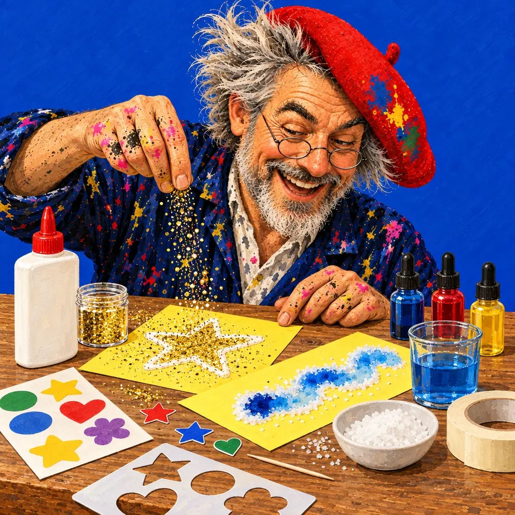 Geschilderde illustratie: de schilder strooit glitter op een ster van lijm, naast zout op een lijmlijn dat blauwe verf opzuigt, stickers, inktdruppelaars, een sjabloon en plakband.
